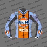 Motorcycle racing jacket with Gulf and Aprilia logos on a gray background with 'Racers Arena' text.