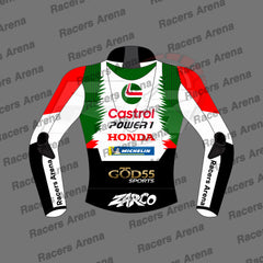 A long-sleeve racing jersey mockup shown front-facing on a gray background with repeated 'Racers Arena' watermark text. The jersey has a black lower section, white sleeves and center chest, red shoulder panels, green vertical tree-like graphics on the chest, and multiple sponsor logos including Castrol, Power 1 Honda, Michelin, God55 Sports, and Zarco.