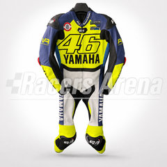 A full Yamaha racing suit with matching boots and gloves, featuring Valentino Rossi's number 46 design in blue, yellow, white, and black. The suit is displayed on a ghost mannequin against a light gray background with a 'RacersArena' watermark.
