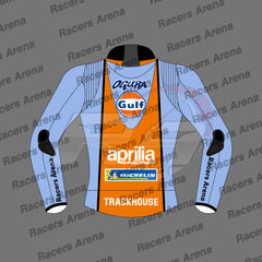 Racing jacket with multiple brand logos on a gray background