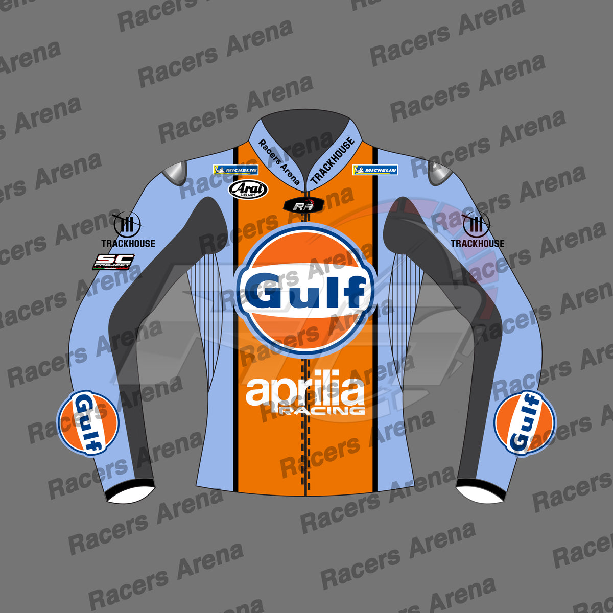 Motorcycle racing jacket with Gulf and Aprilia logos on a gray background with 'Racers Arena' text.