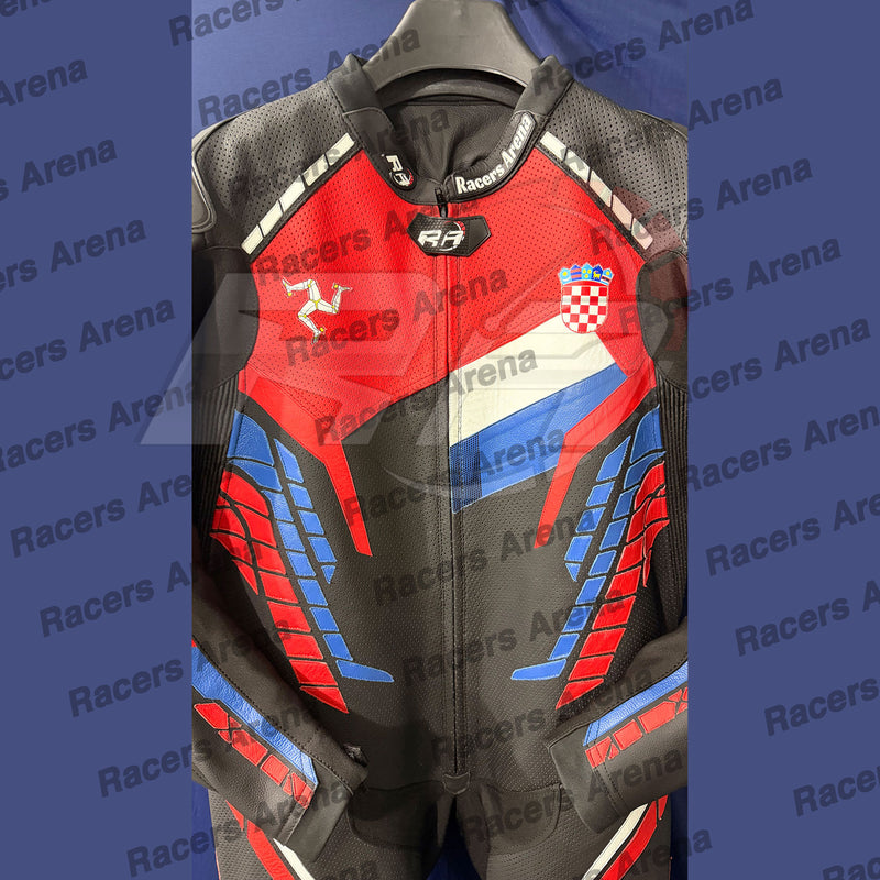 A red, black, and blue racing Suit with a Croatian flag design and a stylized horse logo, displayed on a hanger against a blue watermarked background.