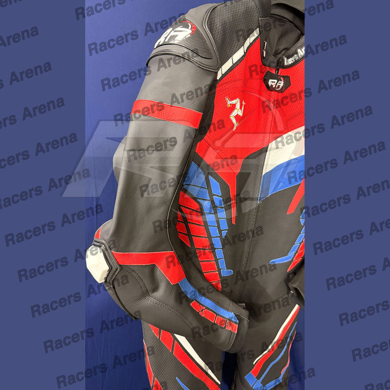 A close-up of a racing suit jacket in dark gray, red, and blue, featuring the R3 logo on the chest, displayed against a blue background with 'Racers Arena' watermarks.