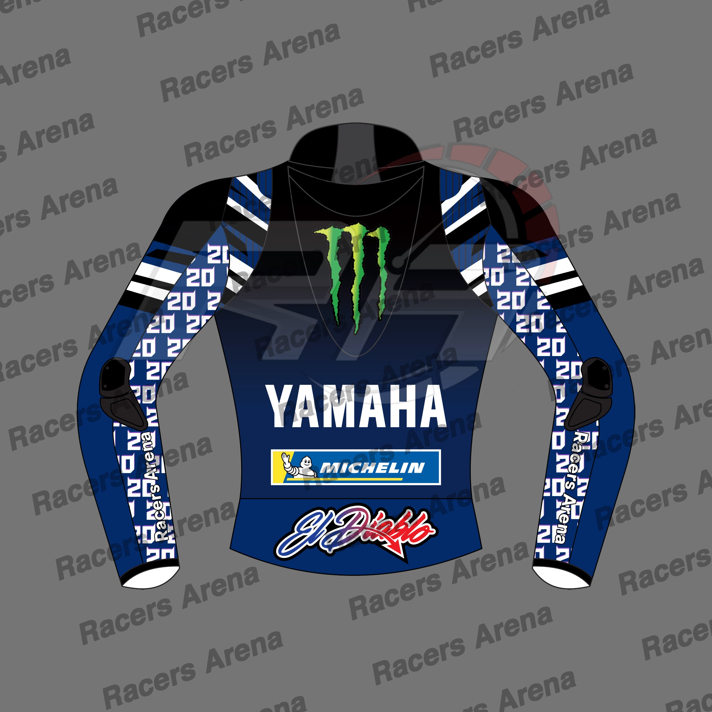 A long-sleeve racing jacket mockup with a black hood, featuring blue and black sleeves and torso with white number prints, a green Monster Energy logo on the chest, a large white YAMAHA logo, and a Michelin logo.
