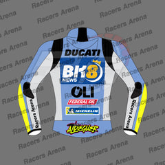 A long-sleeve racing jersey mockup shown front-facing on a gray background with repeated 'Racers Arena' watermark text. The jersey is light blue, white, and black with bright yellow sleeve accents and multiple sponsor logos including Ducati, BK8 News, OLI, Federal Oil, Michelin, and Albreger.