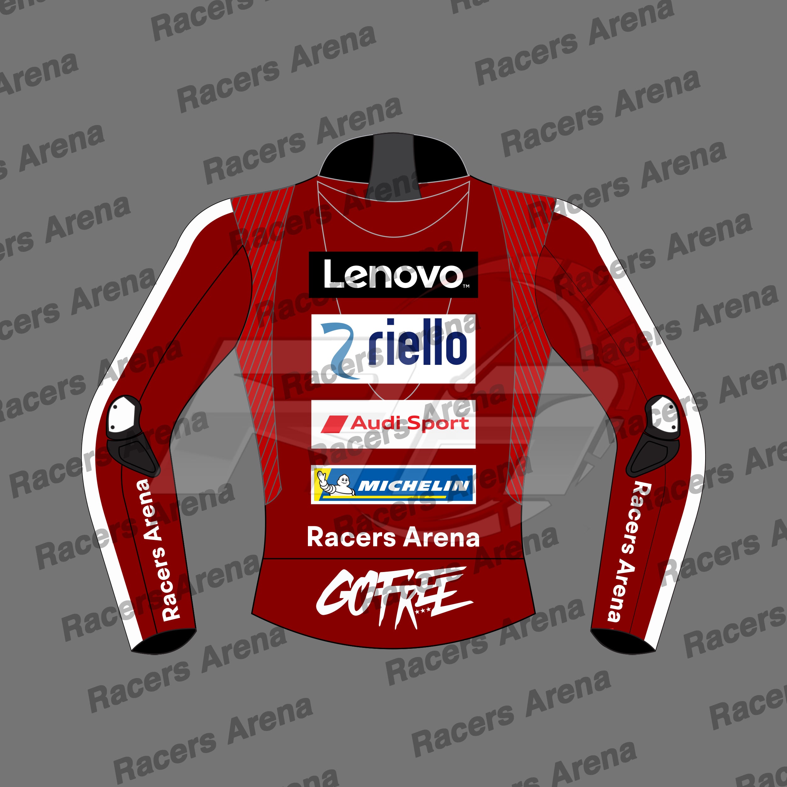 A red long-sleeve racing jersey mockup with white side panels and multiple sponsor logos on the front, including Lenovo, Riello, Audi Sport, and Michelin. The back shows 'Racers Arena' and 'GOFREE'.