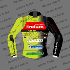 A long-sleeve racing jersey mockup shown front-facing on a gray background with repeated 'Racers Arena' watermark text. The jersey is predominantly neon yellow-green with black sleeves and shoulders, plus a large red chest panel and white sponsor logos including Enduro, Ducati, Kappa, Michelin, and Morbidelli.