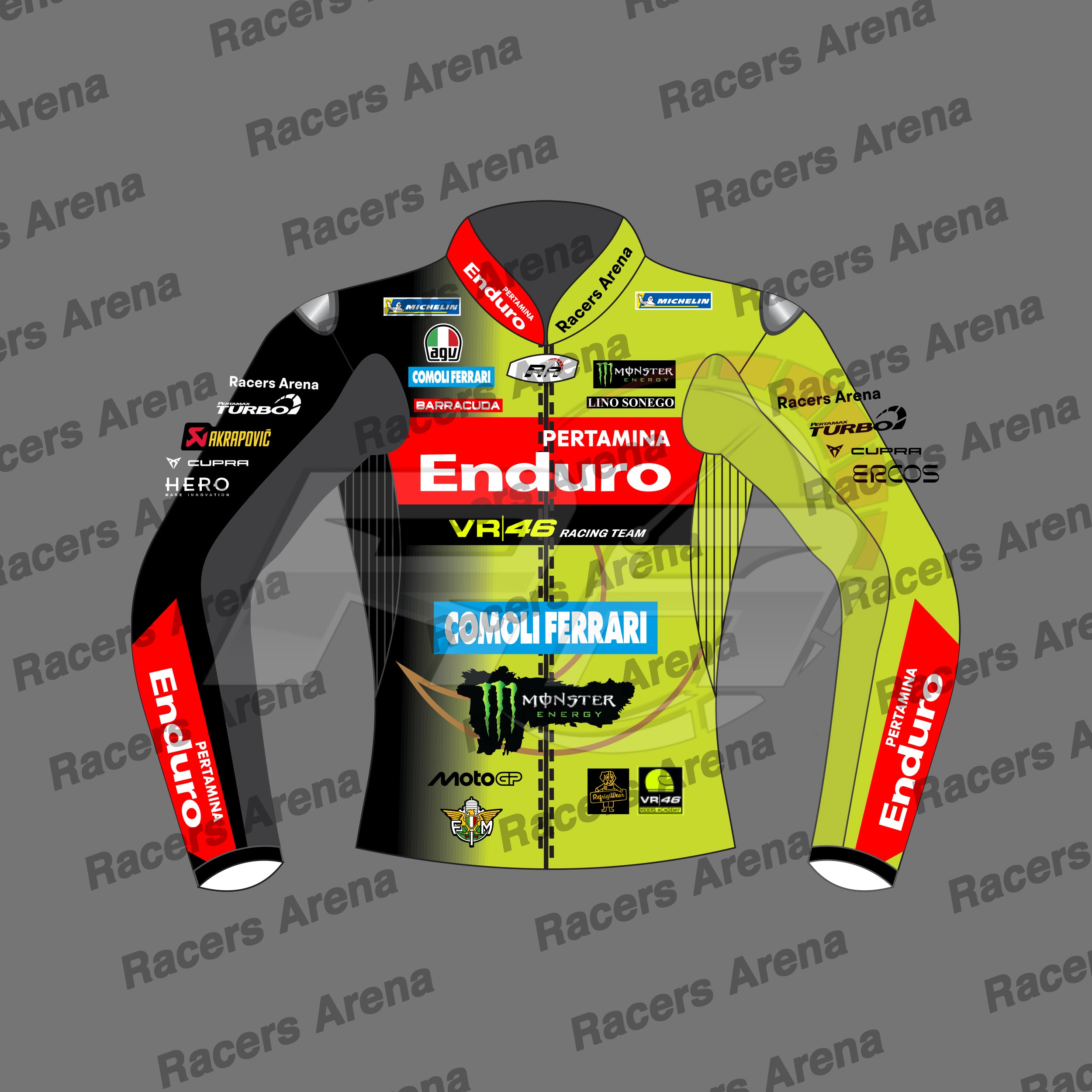 A racing team jacket mockup with a black, yellow, and red livery design, featuring sponsor logos such as Enduro, Monster Energy, and Combi Ferrari, displayed on a gray background with 'Racers Arena' watermarks.