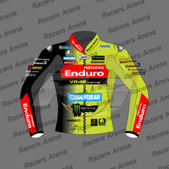 A racing team jacket mockup with a black, yellow, and red livery design, featuring sponsor logos such as Enduro, Monster Energy, and Combi Ferrari, displayed on a gray background with 'Racers Arena' watermarks.
