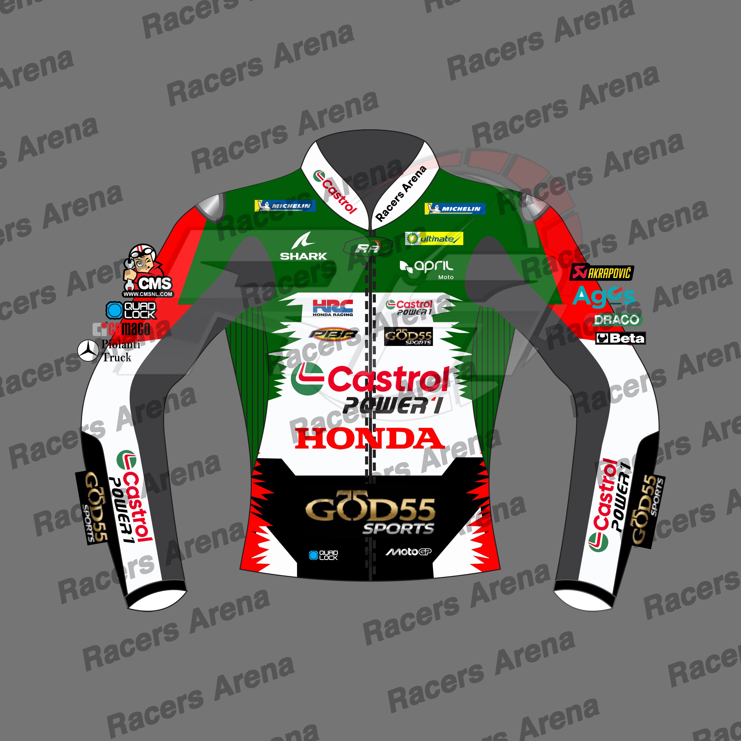 A front-facing motorcycle racing jacket with sponsor logos, shown on a gray background with repeated 'Racers Arena' watermark text. The jersey is primarily green, white, and black with red accents and features prominent sponsor logos including Castrol, Honda, God55, and others.