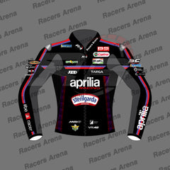 A black racing jacket mockup with red and blue side stripes and multiple sponsor logos, shown on a gray background with repeated 'Racers Arena' watermarks.