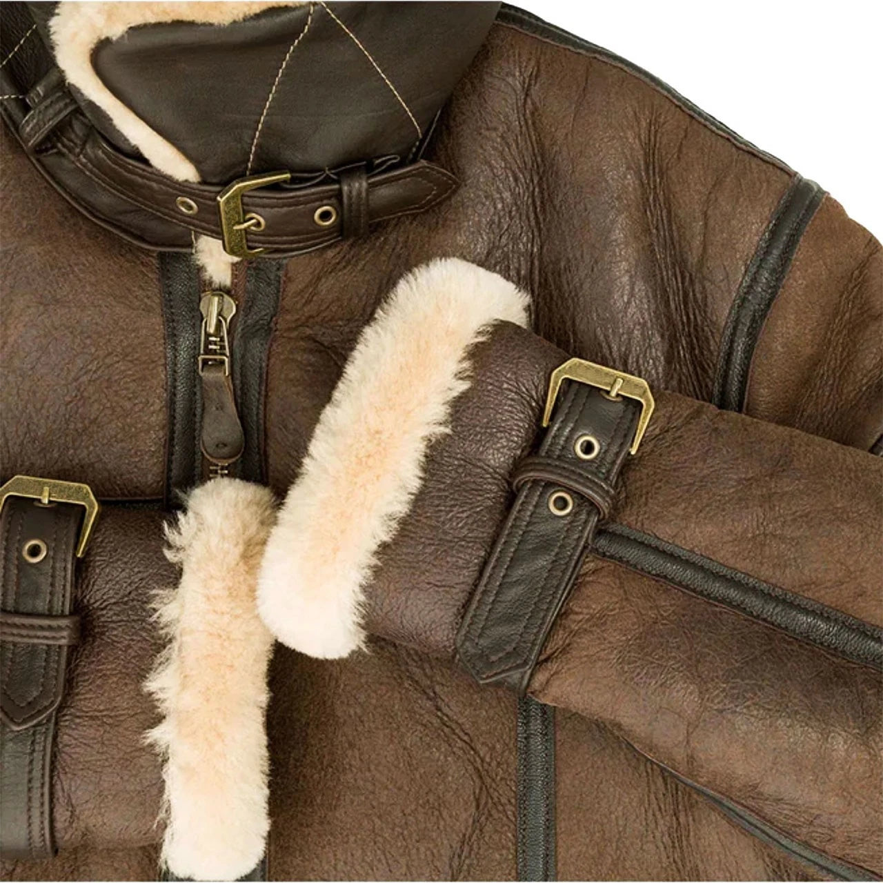Close-up of a brown leather aviator jacket with cream shearling lining and brass-tone buckles.