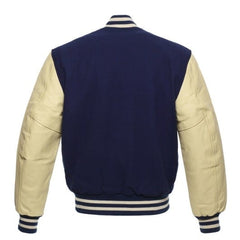 Navy Blue Letterman Jacket with Natural Leather Sleeves