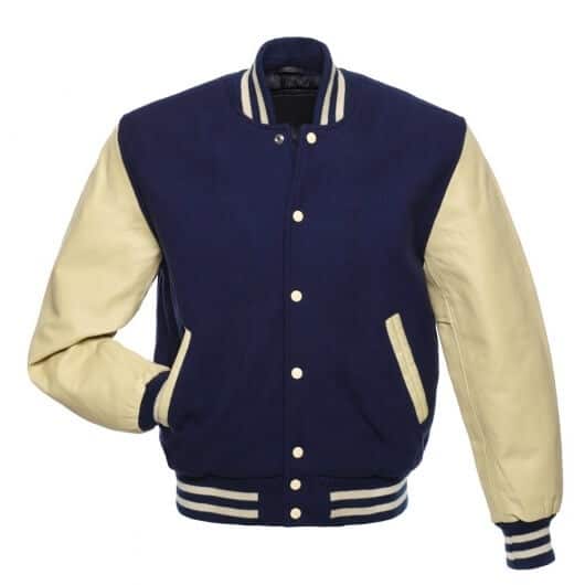 Navy Blue Letterman Jacket with Natural Leather Sleeves – Racers Arena