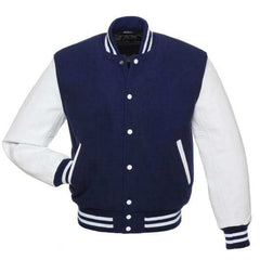 Navy Blue Letterman Jacket with White Leather Sleeves Front