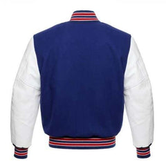 Veste Letterman à rayures bleu roi et rouge avec manches en cuir blanc 