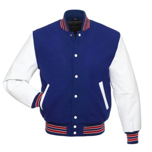 Royal Blue and Red Striped Letterman Jacket with White Leather Sleeves ...