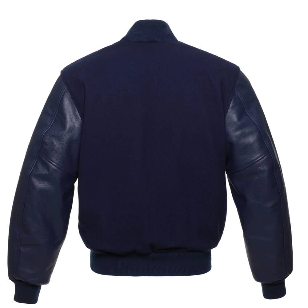 Solid Navy Blue Letterman Jacket with Leather Sleeves