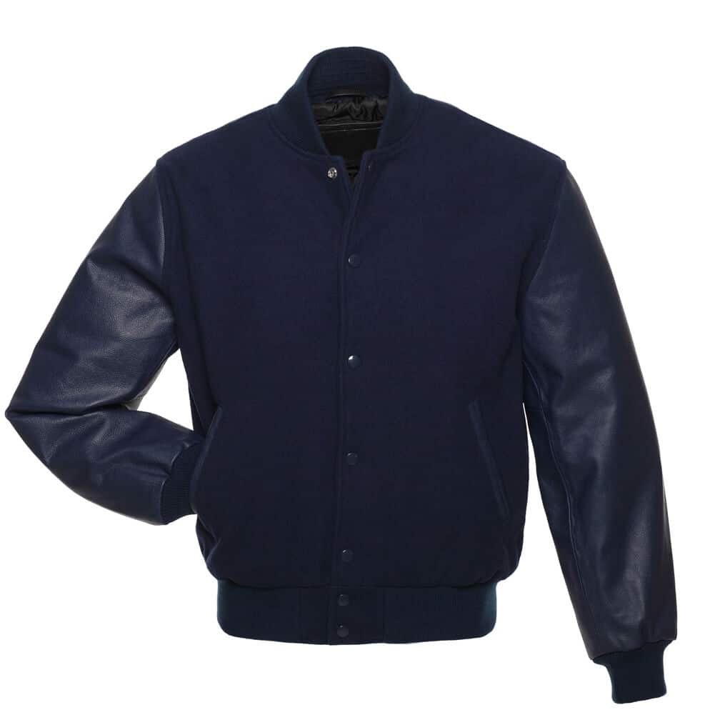 Solid Navy Blue Letterman Jacket with Leather Sleeves